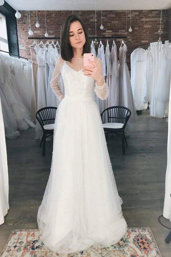 NumberSea Ivory Tulle A-line Scoop Long Sleeves Beaded Bohemian Wedding Dresses, MW859