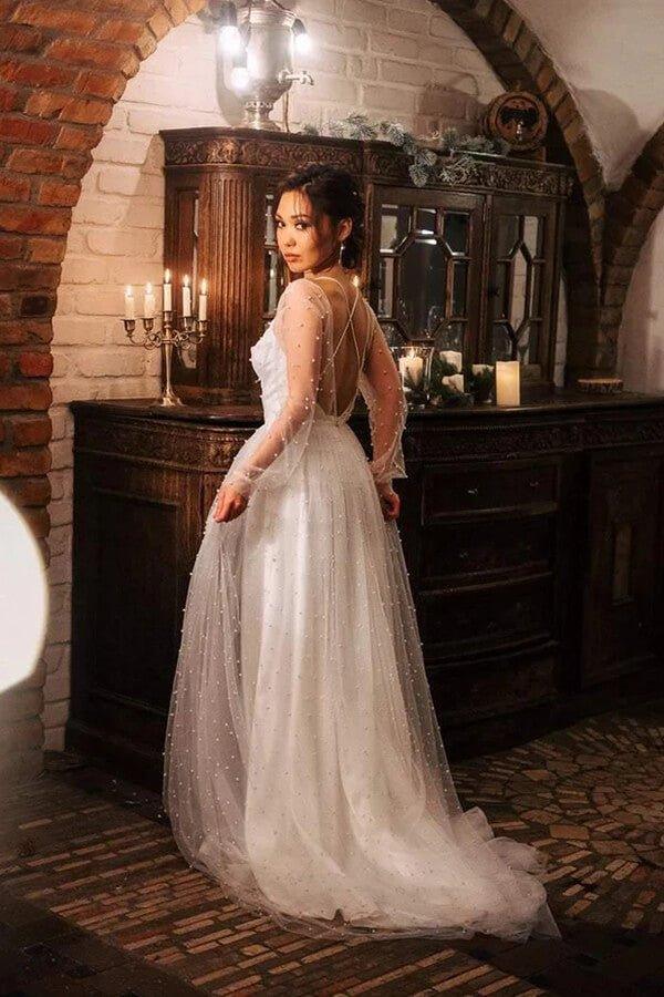 NumberSea Ivory Tulle A-line Scoop Long Sleeves Beaded Bohemian Wedding Dresses, MW859