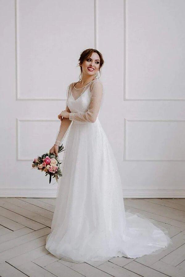 NumberSea Ivory Tulle A-line Scoop Long Sleeves Beaded Bohemian Wedding Dresses, MW859