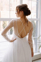 NumberSea Ivory Tulle A-line Scoop Long Sleeves Beaded Bohemian Wedding Dresses, MW859
