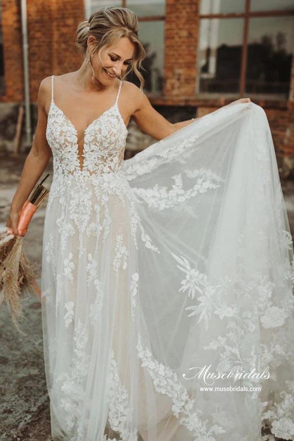 NumberSea Ivory Tulle A-line V-neck Lace Appliques Wedding Dress, Bridal Gown, MW869