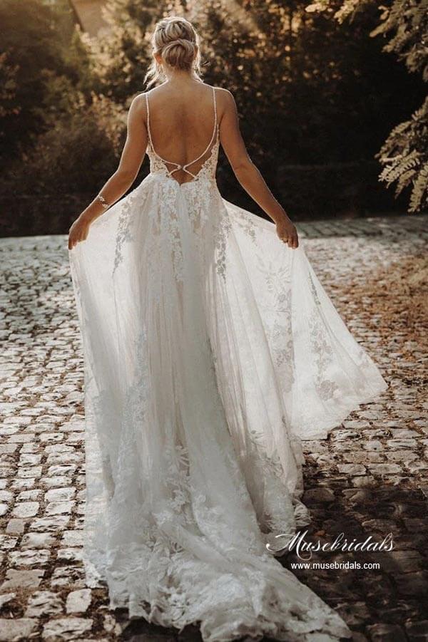 NumberSea Ivory Tulle A-line V-neck Lace Appliques Wedding Dress, Bridal Gown, MW869
