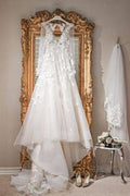 NumberSea Ivory Tulle A-line V-neck Long Sleeves Court Train Wedding Dresses, MW971