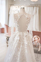 NumberSea Ivory Tulle A-line V-neck Long Sleeves Court Train Wedding Dresses, MW971