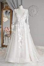 NumberSea Ivory Tulle A-line V-neck Long Sleeves Court Train Wedding Dresses, MW971