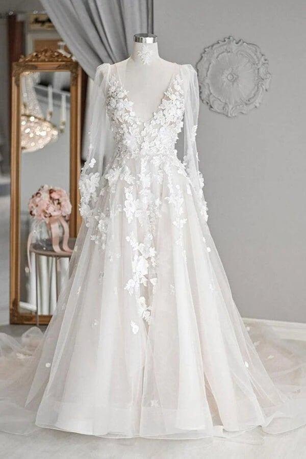 NumberSea Ivory Tulle A-line V-neck Long Sleeves Court Train Wedding Dresses, MW971