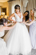 NumberSea Ivory Tulle Ball Gown V Neck Rhinestone Wedding Dresses, Bridal Gown, MW549