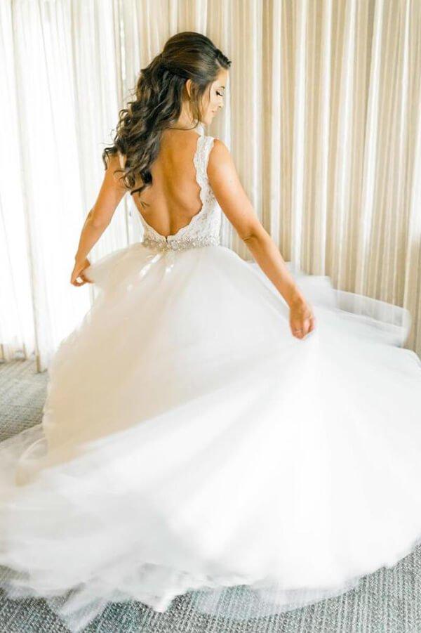 NumberSea Ivory Tulle Ball Gown V Neck Rhinestone Wedding Dresses, Bridal Gown, MW549