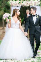 NumberSea Ivory Tulle Ball Gown V Neck Rhinestone Wedding Dresses, Bridal Gown, MW549