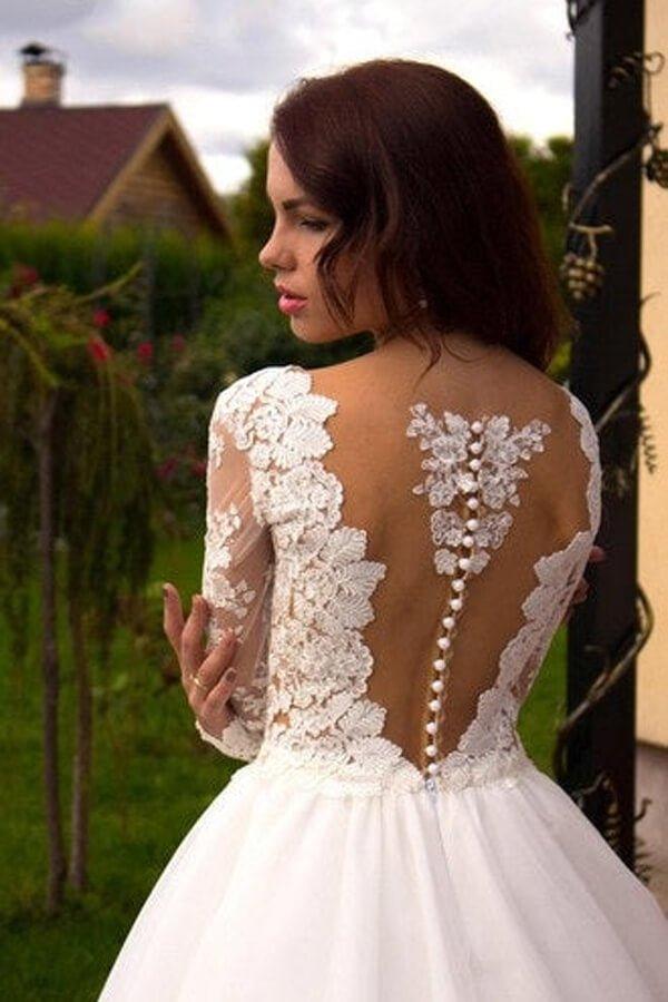 NumberSea Ivory Tulle Boho Princess A-line V-neck Long Sleeves Wedding Dresses, MW669