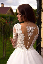 NumberSea Ivory Tulle Boho Princess A-line V-neck Long Sleeves Wedding Dresses, MW669