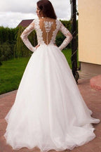 NumberSea Ivory Tulle Boho Princess A-line V-neck Long Sleeves Wedding Dresses, MW669