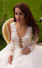 NumberSea Ivory Tulle Boho Princess A-line V-neck Long Sleeves Wedding Dresses, MW669
