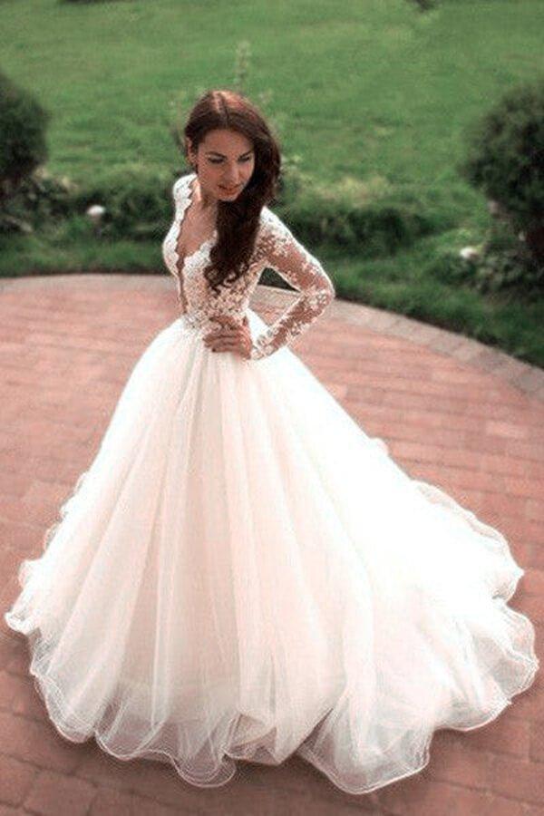NumberSea Ivory Tulle Boho Princess A-line V-neck Long Sleeves Wedding Dresses, MW669