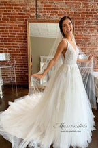 NumberSea Ivory Tulle Lace A-line V-neck Wedding dresses With Train, Bridal Gowns, MW684