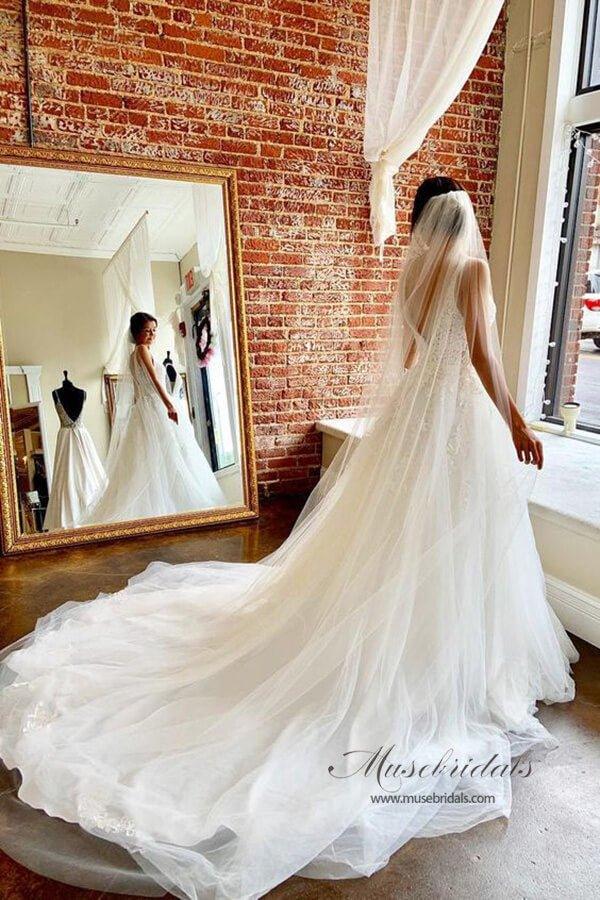 NumberSea Ivory Tulle Lace A-line V-neck Wedding dresses With Train, Bridal Gowns, MW684