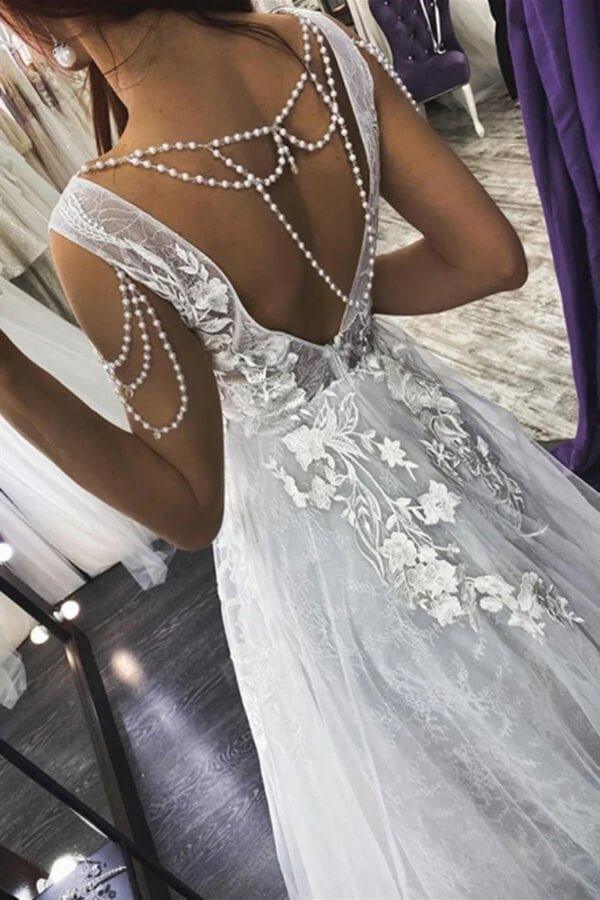 NumberSea Ivory Tulle Lace Appliques A-line V-neck Beaded Wedding Dresses, MW850
