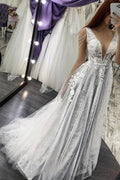 NumberSea Ivory Tulle Lace Appliques A-line V-neck Beaded Wedding Dresses, MW850
