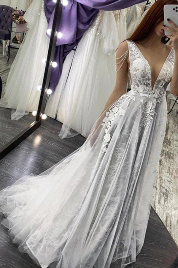 NumberSea Ivory Tulle Lace Appliques A-line V-neck Beaded Wedding Dresses, MW850