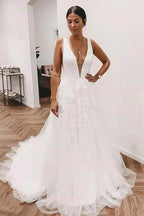 NumberSea Ivory Tulle Lace Deep V-neck Wedding Dresses With Train, Bridal Gowns, MW820