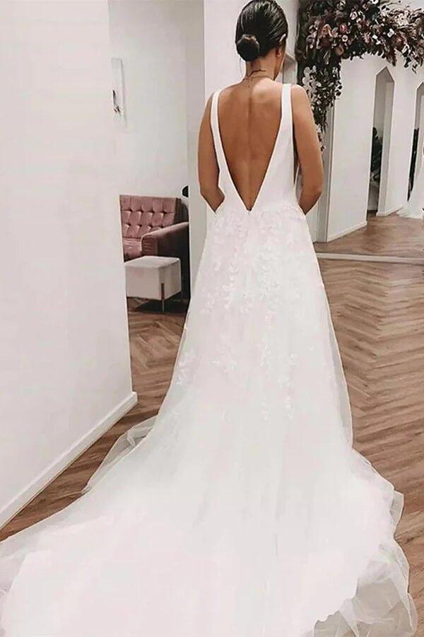 NumberSea Ivory Tulle Lace Deep V-neck Wedding Dresses With Train, Bridal Gowns, MW820