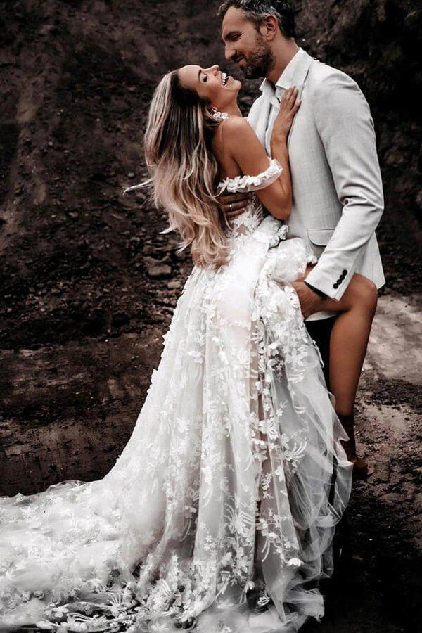 NumberSea Ivory Tulle Off-the-Shoulder A-line Lace Flowers Beach Wedding Dresses, MW857