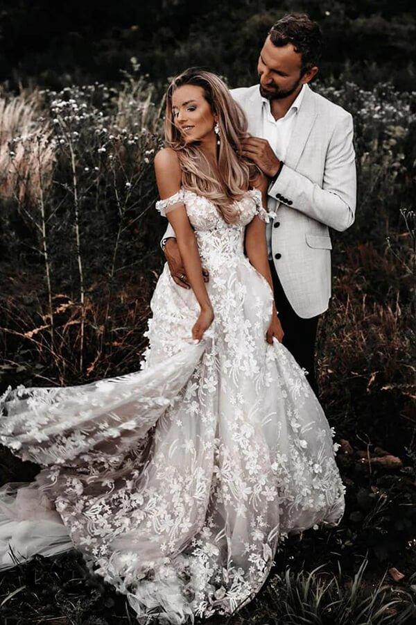 NumberSea Ivory Tulle Off-the-Shoulder A-line Lace Flowers Beach Wedding Dresses, MW857