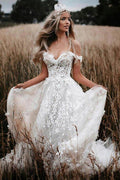 NumberSea Ivory Tulle Off-the-Shoulder A-line Lace Flowers Beach Wedding Dresses, MW857
