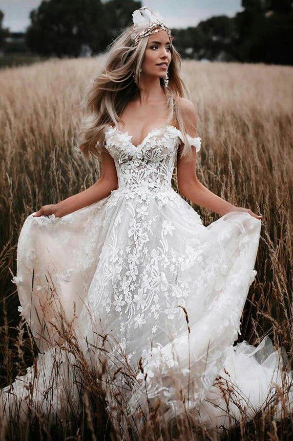NumberSea Ivory Tulle Off-the-Shoulder A-line Lace Flowers Beach Wedding Dresses, MW857