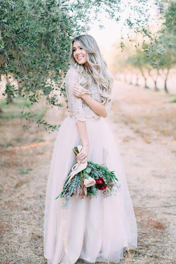 NumberSea Ivory Two Pieces Long Sleeves Floor Length Rustic Wedding Dresses, MW1028