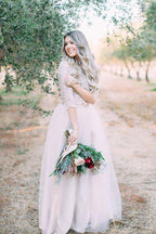 NumberSea Ivory Two Pieces Long Sleeves Floor Length Rustic Wedding Dresses, MW1028