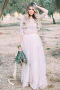 NumberSea Ivory Two Pieces Long Sleeves Floor Length Rustic Wedding Dresses, MW1028