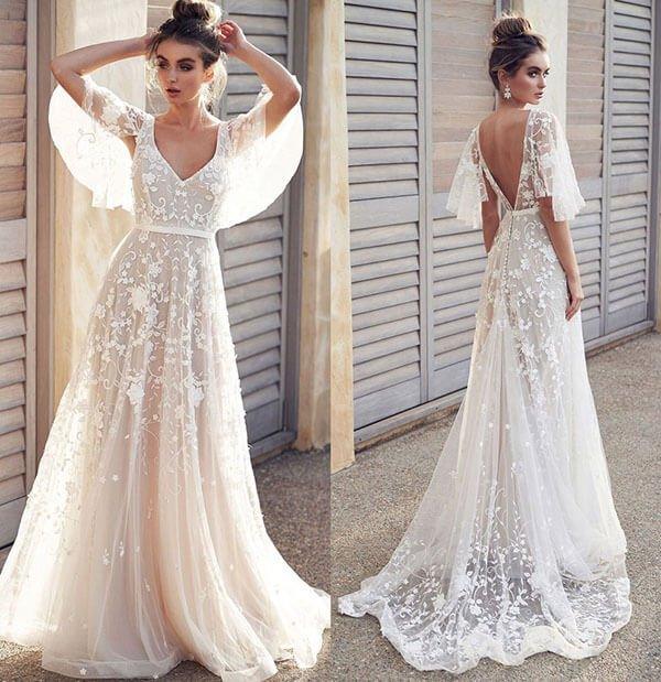NumberSea Ivory V Neck Beach Wedding Dresses with Lace Appliques, Bridal Dresses, MW512