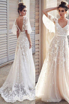 NumberSea Ivory V Neck Beach Wedding Dresses with Lace Appliques, Bridal Dresses, MW512