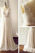 NumberSea Ivory V-neck Open Back Sleeveless Lace Sash Wedding Dress with Sweep Train, MW176
