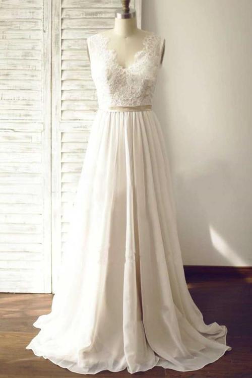 NumberSea Ivory V-neck Open Back Sleeveless Lace Sash Wedding Dress with Sweep Train, MW176