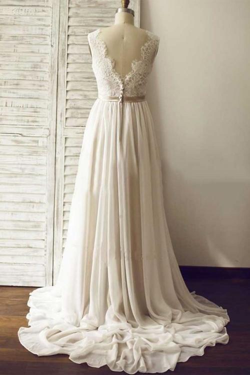 NumberSea Ivory V-neck Open Back Sleeveless Lace Sash Wedding Dress with Sweep Train, MW176