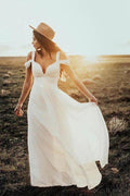 NumberSea Ivory Vintage Chiffon A-line Floor Length Wedding Dresses, Bridal Gowns, MW671
