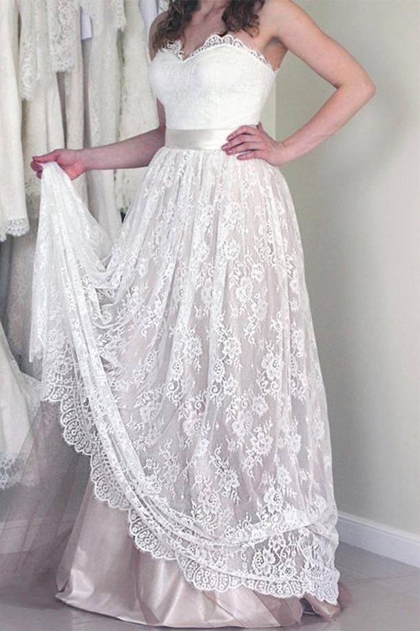 NumberSea Lace A line Sweetheart Neckline Strapless Wedding Dresses, Cheap Bridal Dresses, MW178