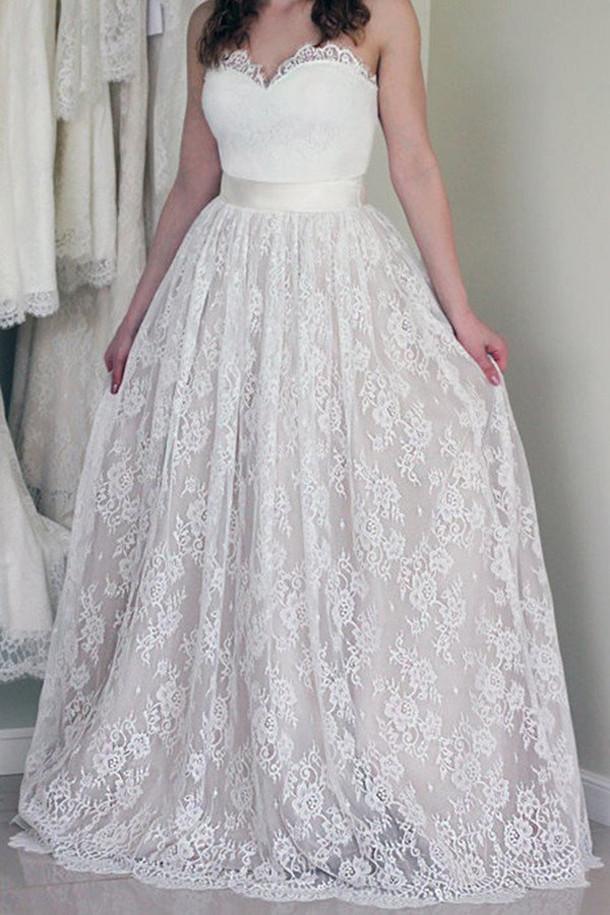 NumberSea Lace A line Sweetheart Neckline Strapless Wedding Dresses, Cheap Bridal Dresses, MW178