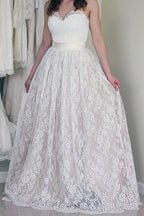 NumberSea Lace A line Sweetheart Neckline Strapless Wedding Dresses, Cheap Bridal Dresses, MW178