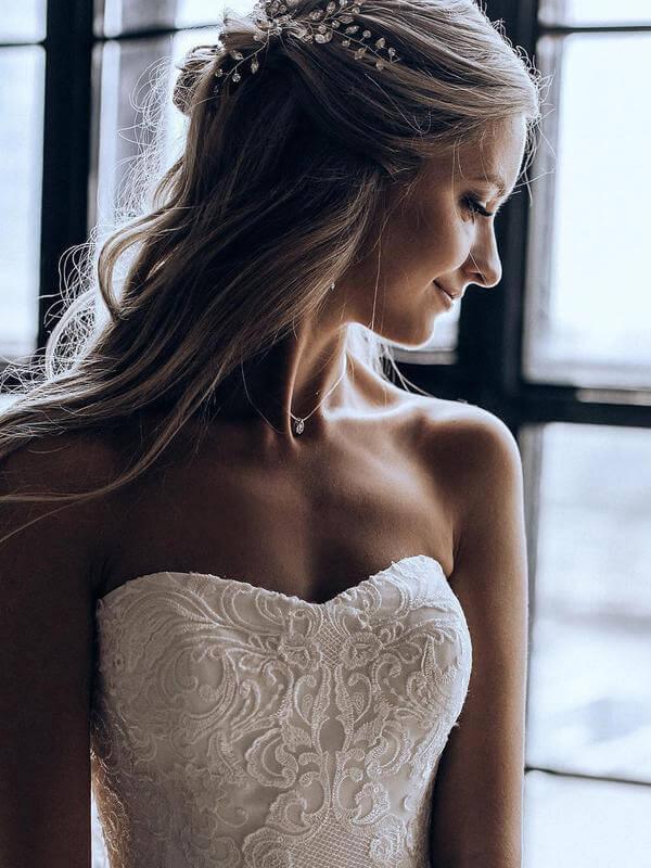 NumberSea Lace A-line Sweetheart Strapless Wedding Dress, Sweep Train Bridal Dresses, MW546