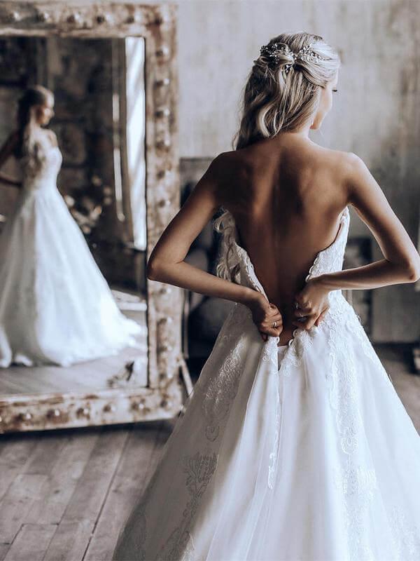 NumberSea Lace A-line Sweetheart Strapless Wedding Dress, Sweep Train Bridal Dresses, MW546