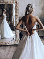NumberSea Lace A-line Sweetheart Strapless Wedding Dress, Sweep Train Bridal Dresses, MW546