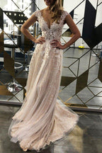 NumberSea Lace A-line V-neck Sleeveless Sweep Train Wedding Dress, Bridal Gowns, MW542