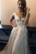 NumberSea Lace A-line V-neck Sleeveless Sweep Train Wedding Dress, Bridal Gowns, MW542