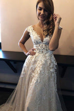 NumberSea Lace A-line V-neck Sleeveless Sweep Train Wedding Dress, Bridal Gowns, MW542