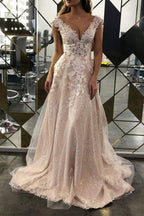 NumberSea Lace A-line V-neck Sleeveless Sweep Train Wedding Dress, Bridal Gowns, MW542