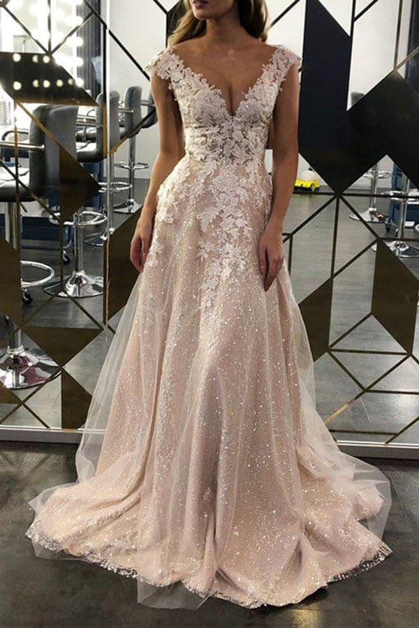 NumberSea Lace A-line V-neck Sleeveless Sweep Train Wedding Dress, Bridal Gowns, MW542