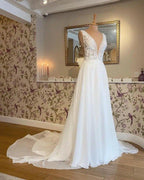 NumberSea Lace Appliques Boho Chiffon Wedding Dress Deep V-neck A Line Sexy Women Civil Bridal  Wedding Gowns